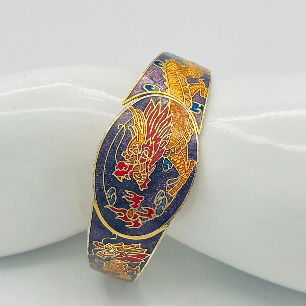 Vintage Cloisonne Enamel Dragon Hinged Bangle Bracelet Gold Tone Purple Red
